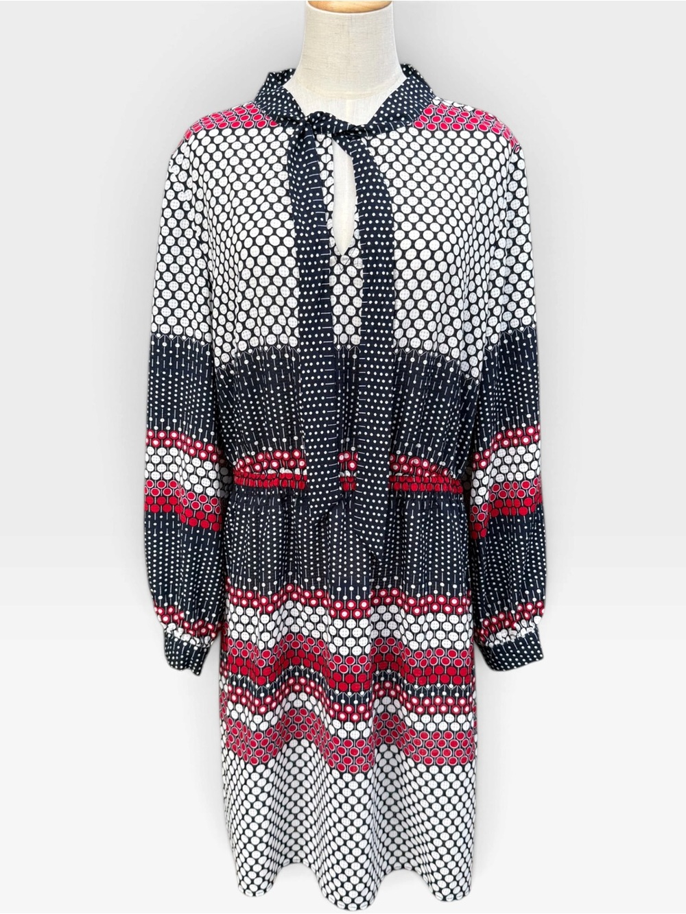 Tommy Hilfiger Polka Dot Tie Neck Dress Navy Red White XL